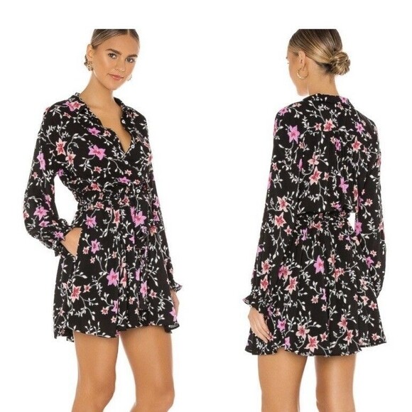 Free People Floral Long Sleeve Dress Sz S Black/pink  Lighten Up Mini Tie Waist - Picture 1 of 14